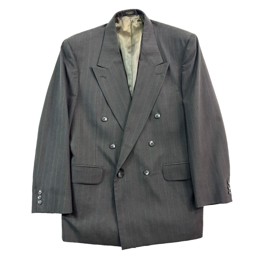 VTG 90s Charcoal Stripe 42R Double Breasted Blazer Jacket Sport Suit Coat Mens